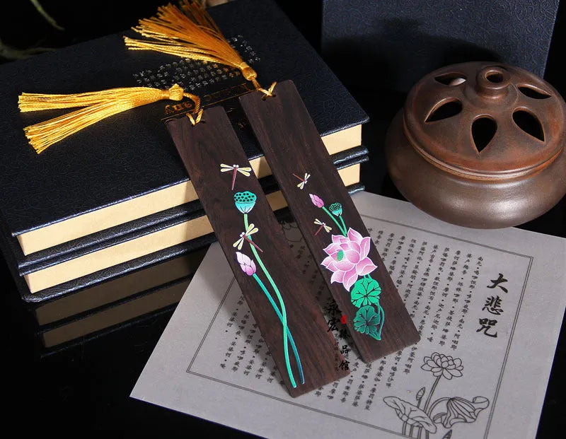 Traditional Chinese painted lotus sandalwood bookmark with polished finish and plant motif