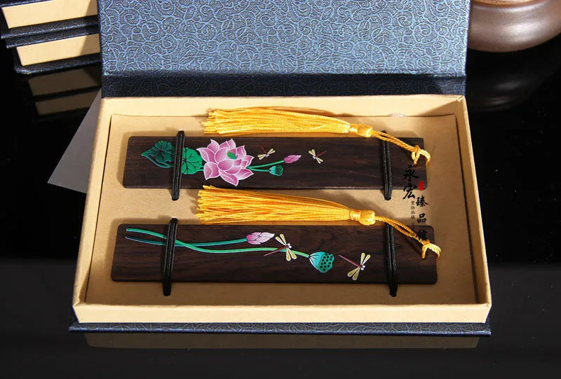Traditional Chinese painted lotus sandalwood bookmark with polished finish and plant motif