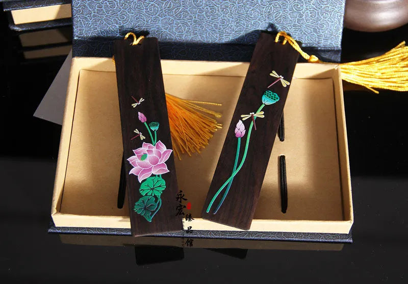 Traditional Chinese painted lotus sandalwood bookmark with polished finish and plant motif