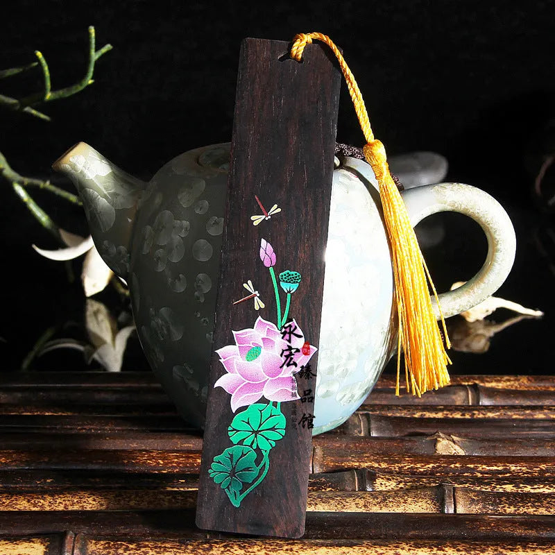 Traditional Chinese painted lotus sandalwood bookmark with polished finish and plant motif