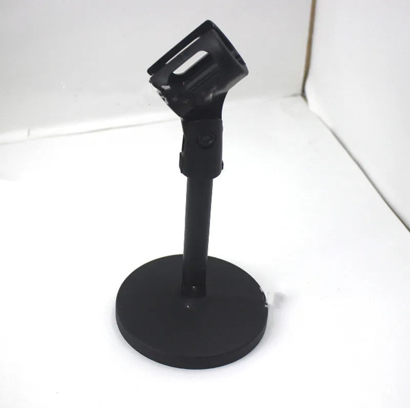 Black metal desktop microphone bracket with 22cm steel support and 10.5cm circular base