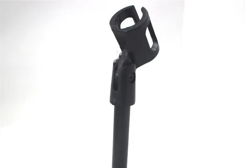 Black metal desktop microphone bracket with 22cm steel support and 10.5cm circular base