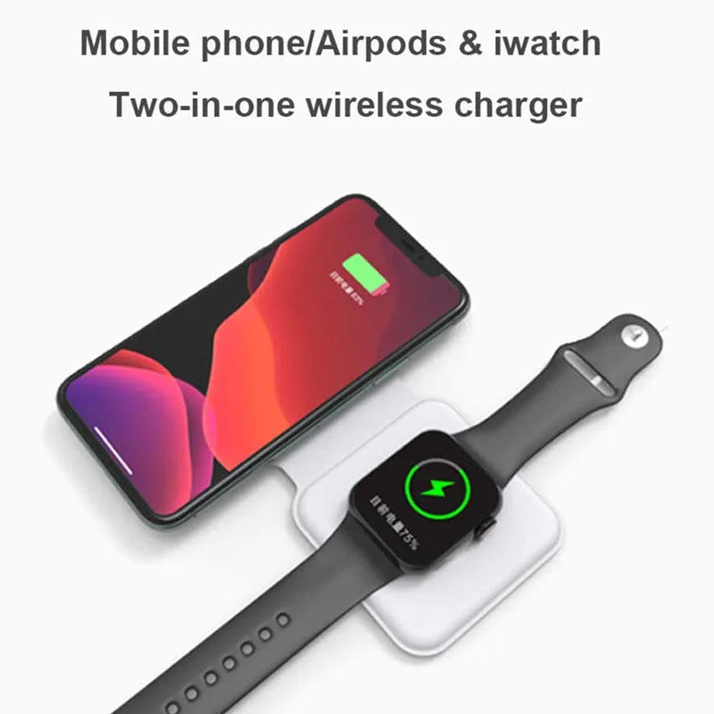 White foldable magnetic wireless charger charging two phones simultaneously on angled stand