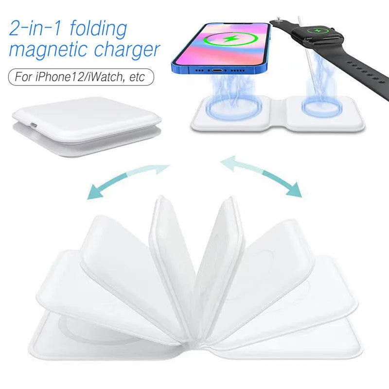 White foldable magnetic wireless charger charging two phones simultaneously on angled stand