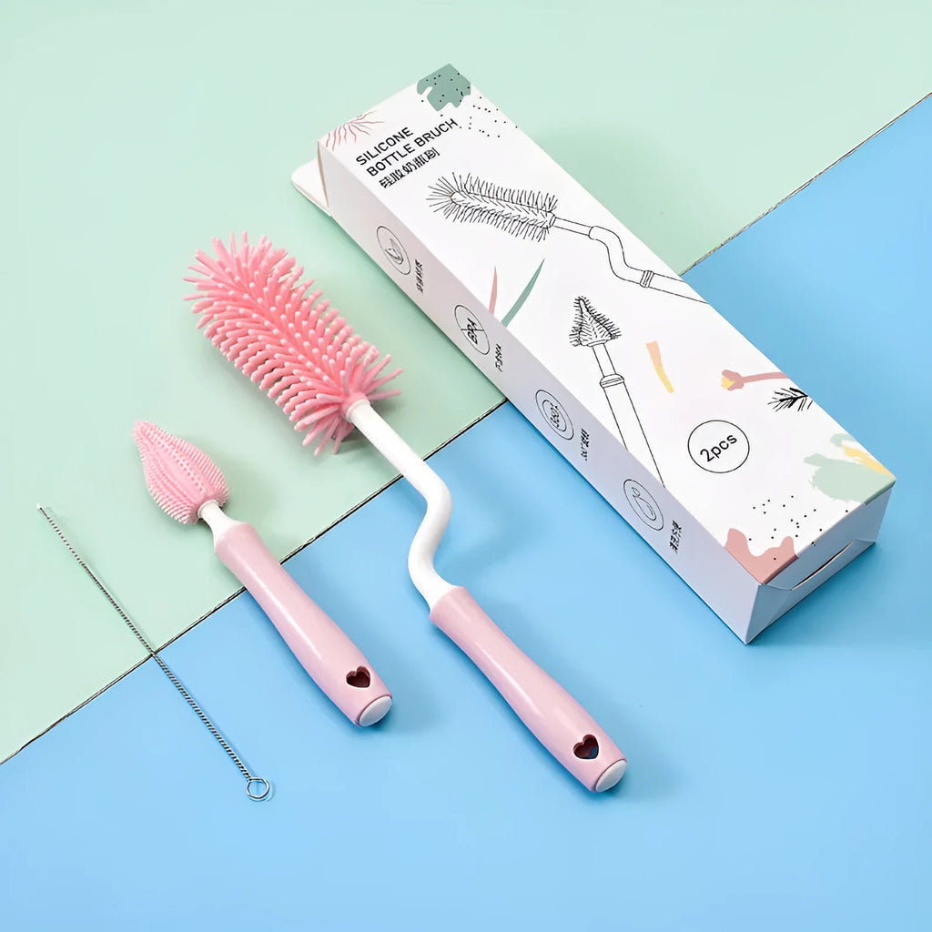 Silicone baby bottle cleaning brush set with straw cleaner in pink, blue and yellow colours