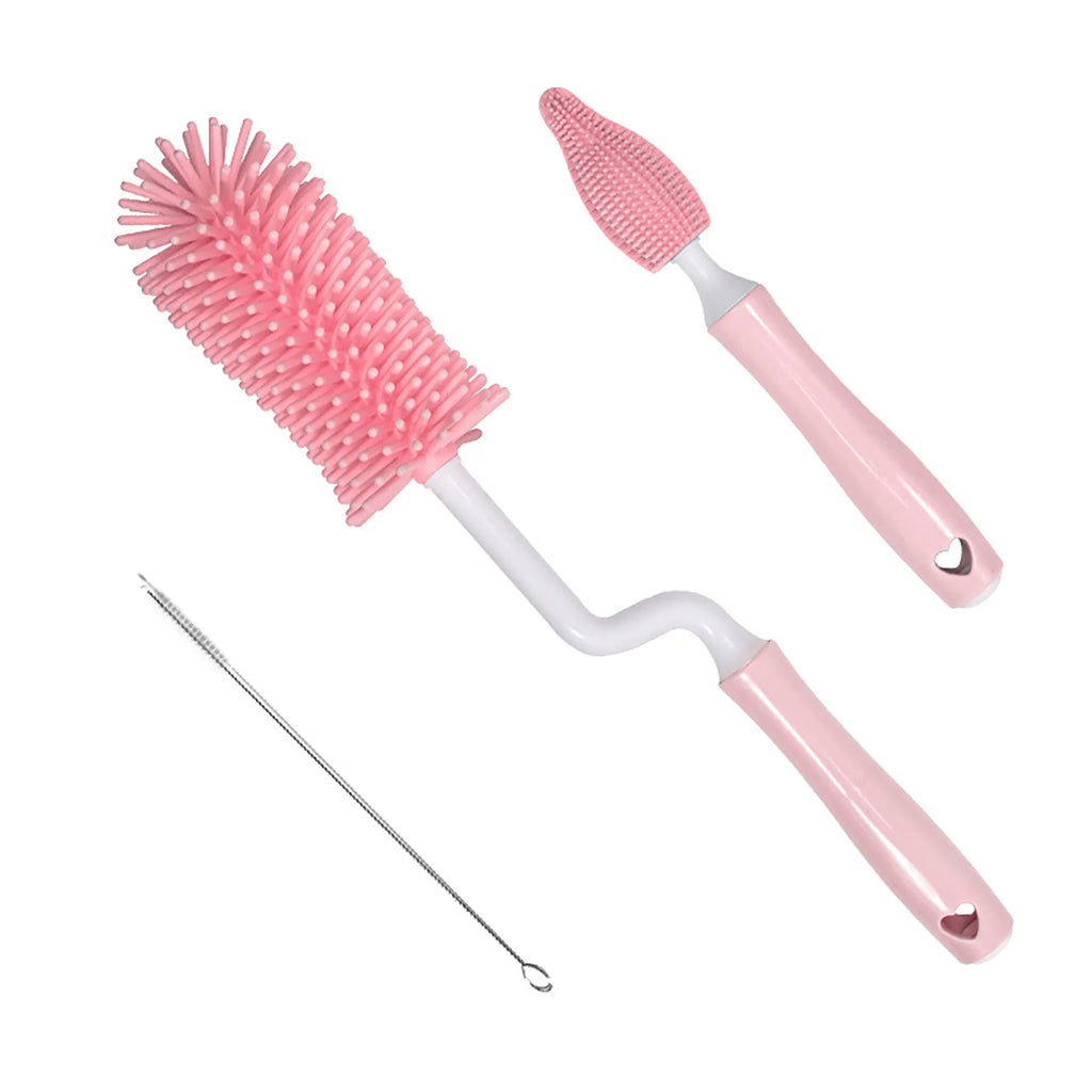 Silicone baby bottle cleaning brush set with straw cleaner in pink, blue and yellow colours