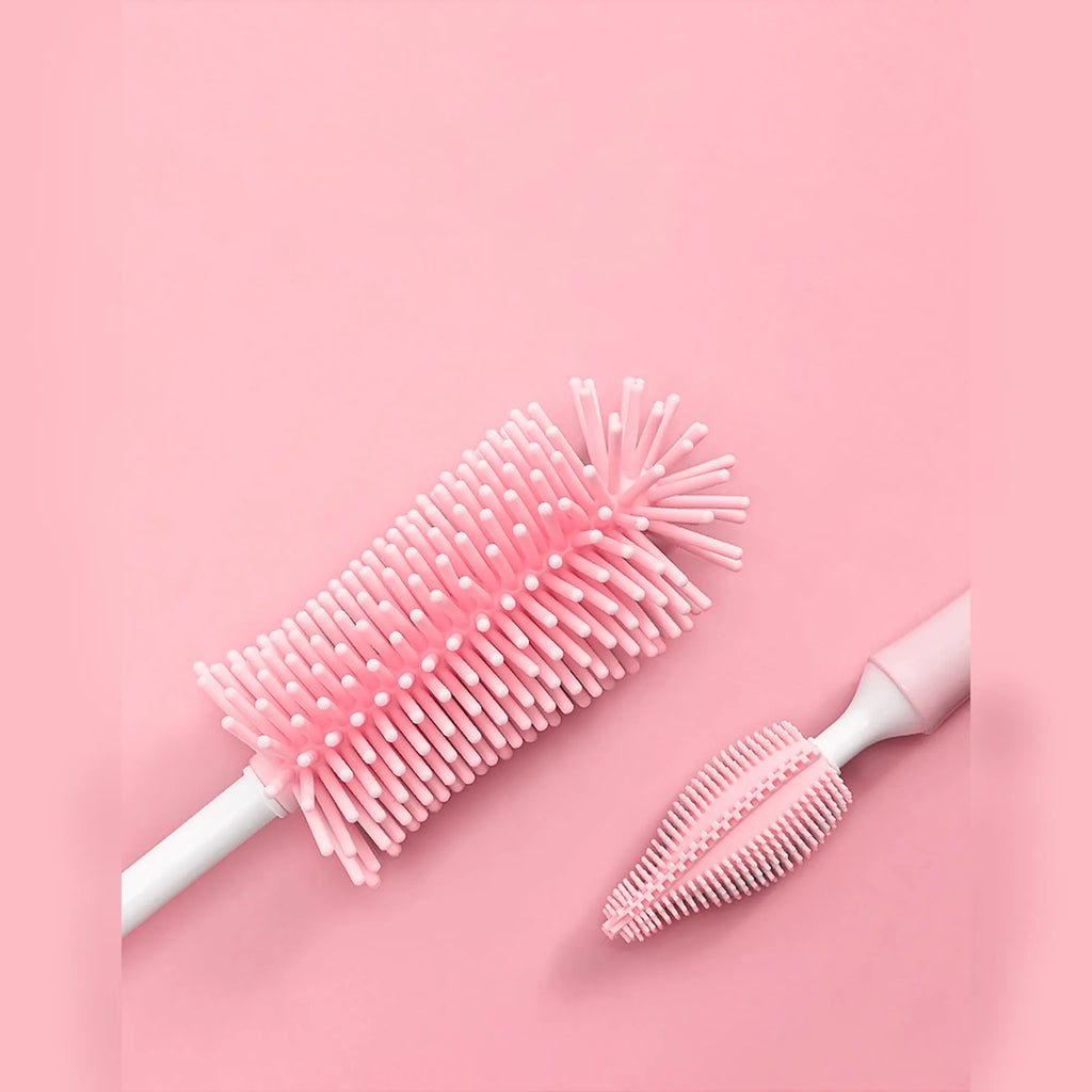 Silicone baby bottle cleaning brush set with straw cleaner in pink, blue and yellow colours