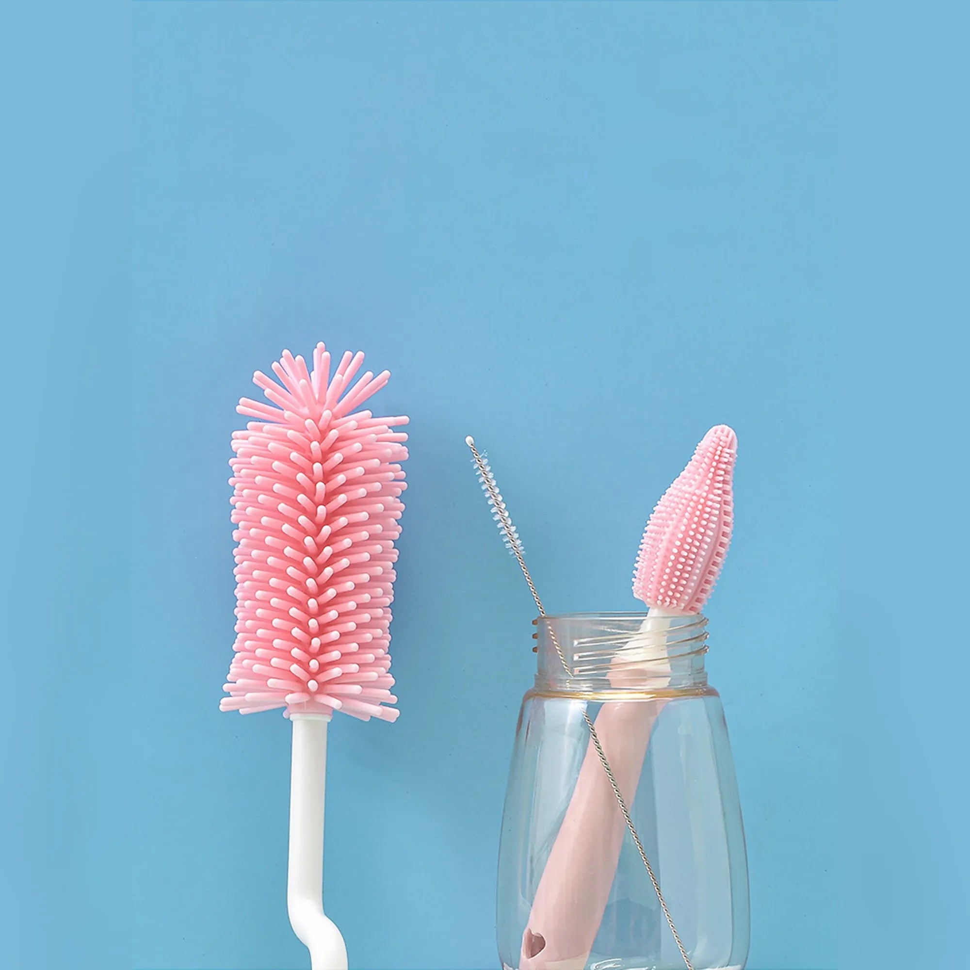 Silicone baby bottle cleaning brush set with straw cleaner in pink, blue and yellow colours