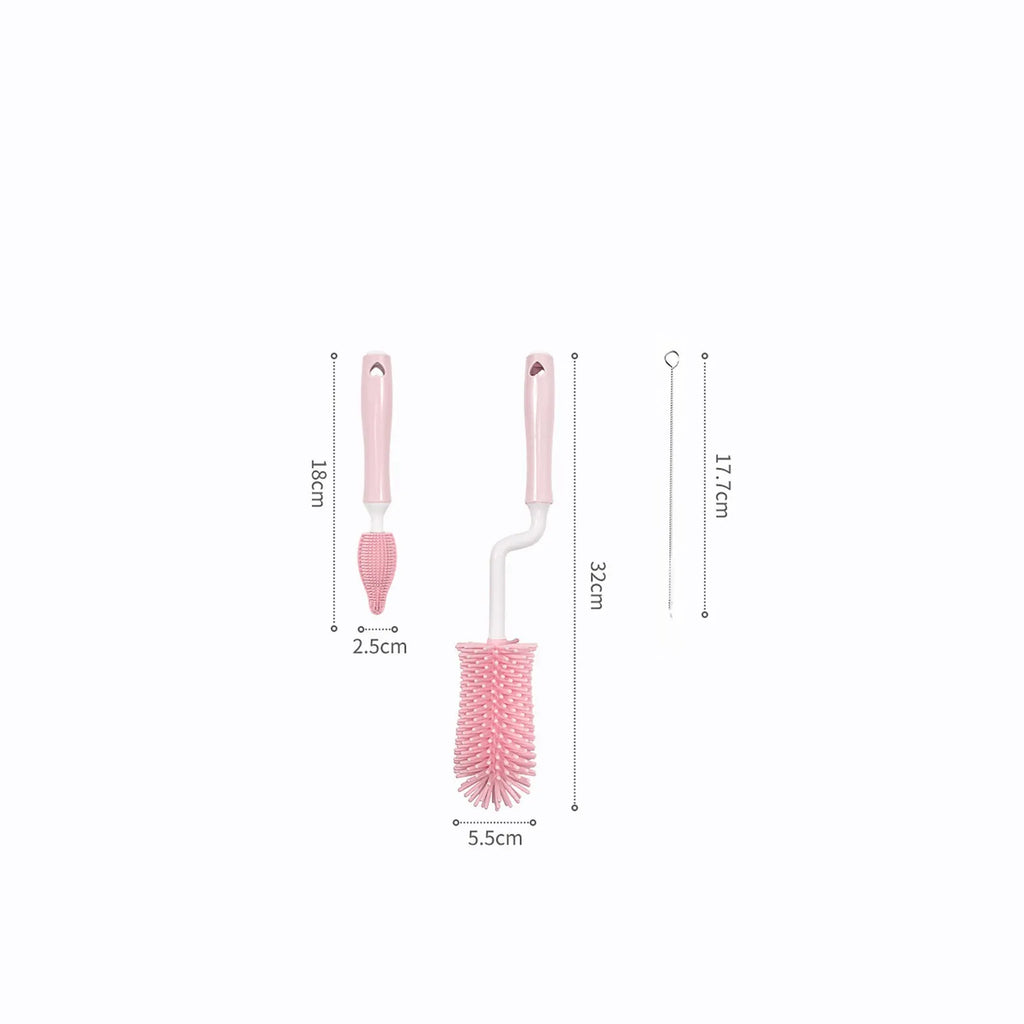 Silicone baby bottle cleaning brush set with straw cleaner in pink, blue and yellow colours