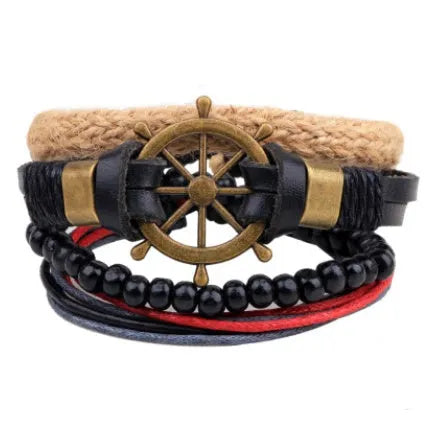 Adjustable leather punk wrap bracelet with wooden beads and multilayer design