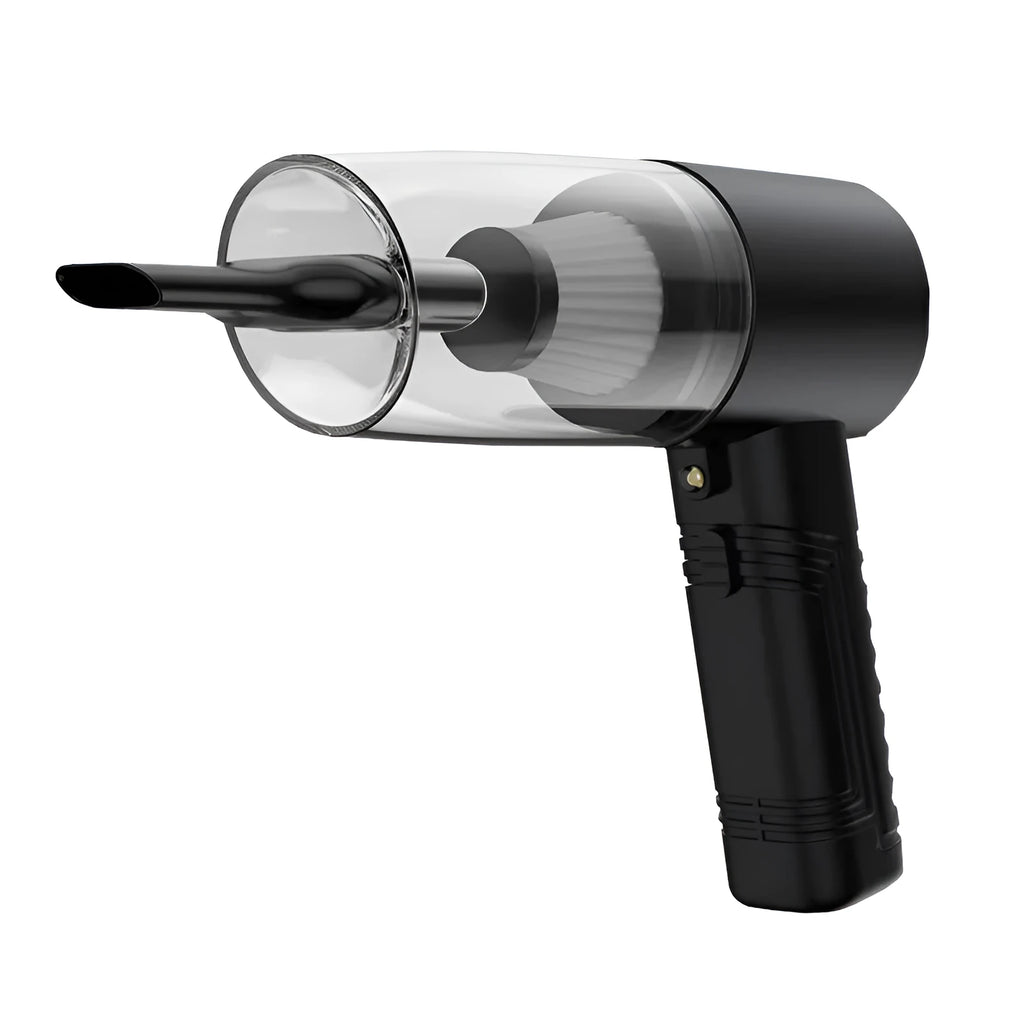Car vacuum cleaner with accessories in starry sky black colour showing suction heads and power cord