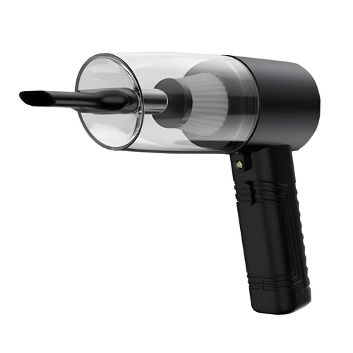 Car vacuum cleaner with accessories in starry sky black colour showing suction heads and power cord