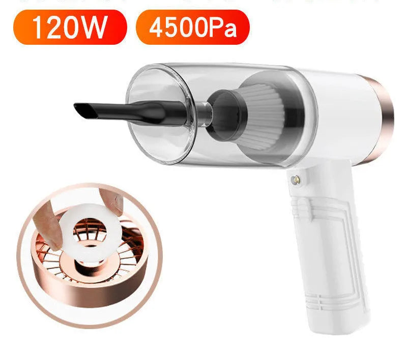 Car vacuum cleaner with accessories in starry sky black colour showing suction heads and power cord