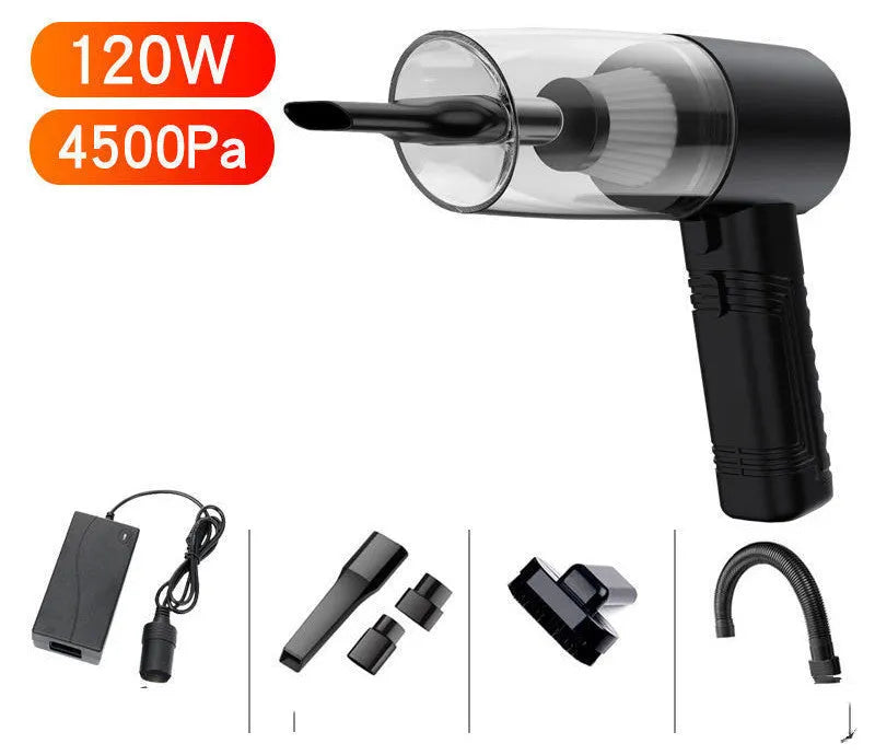 Car vacuum cleaner with accessories in starry sky black colour showing suction heads and power cord
