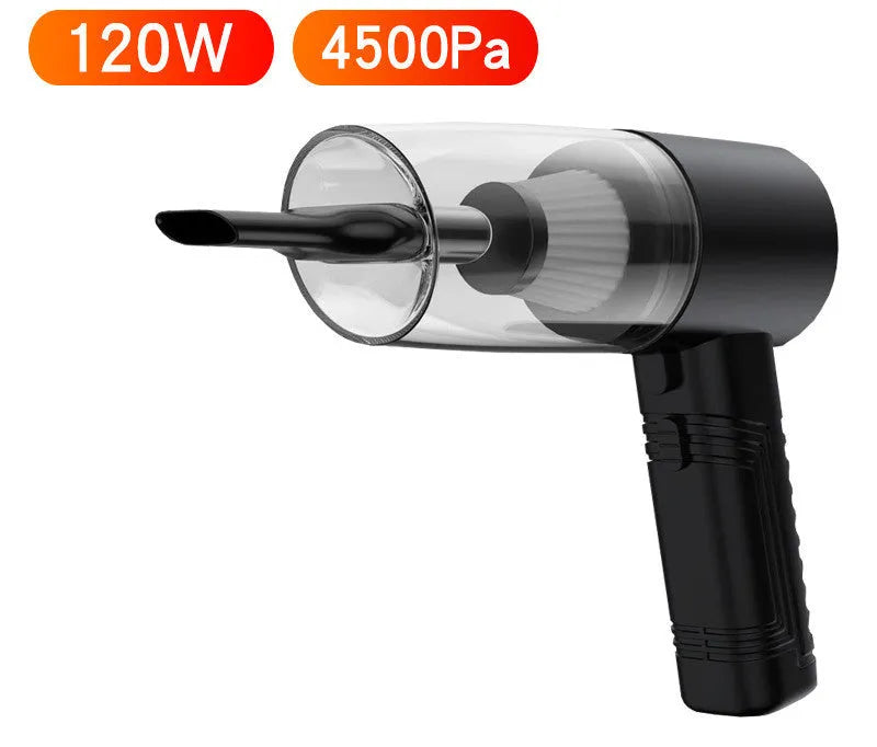 Car vacuum cleaner with accessories in starry sky black colour showing suction heads and power cord