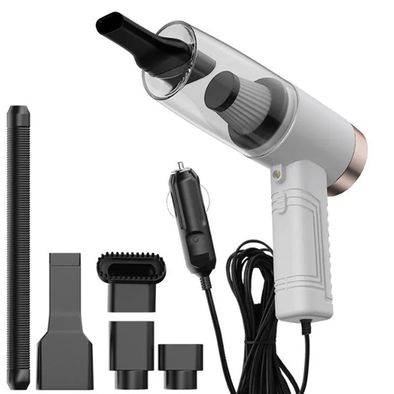 Car vacuum cleaner with accessories in starry sky black colour showing suction heads and power cord