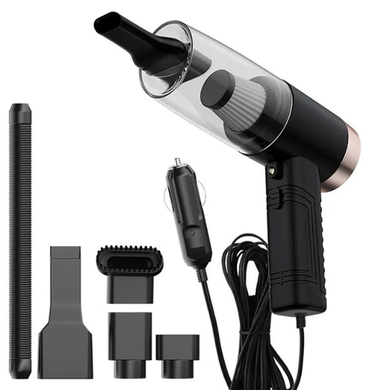 Car vacuum cleaner with accessories in starry sky black colour showing suction heads and power cord
