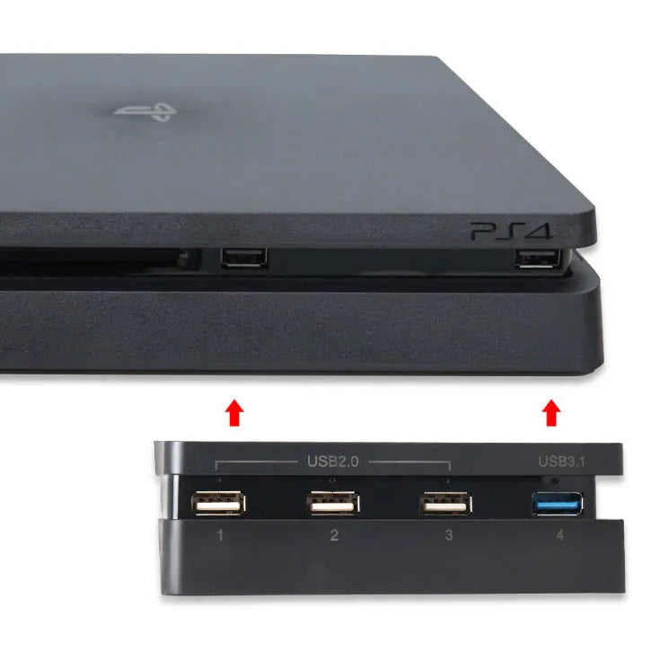 Black PS4 Slim USB hub with 2.0 and 3.0 ports for console connectivity