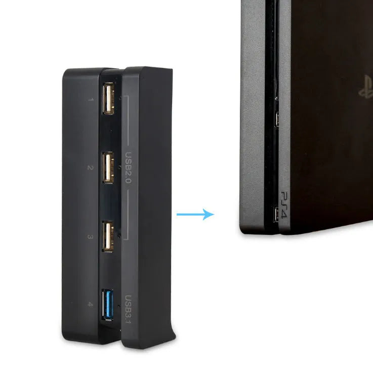 Black PS4 Slim USB hub with 2.0 and 3.0 ports for console connectivity