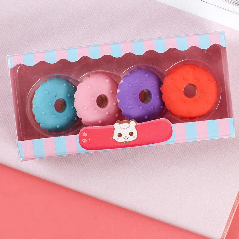 Cartoon eraser gift set with 12 pieces showing cone, ice cream, lollipop and donut designs