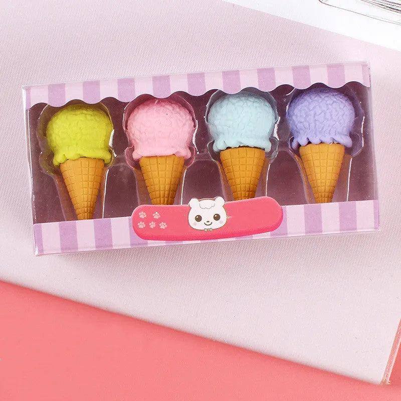 Cartoon eraser gift set with 12 pieces showing cone, ice cream, lollipop and donut designs