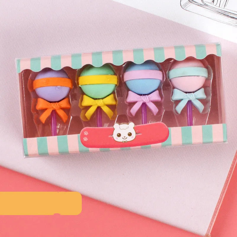 Cartoon eraser gift set with 12 pieces showing cone, ice cream, lollipop and donut designs
