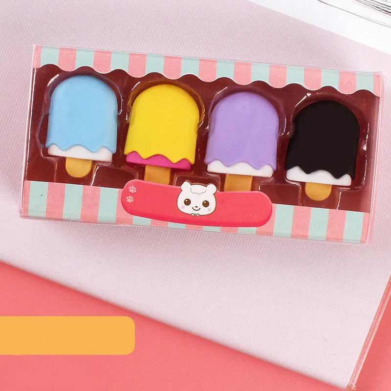 Cartoon eraser gift set with 12 pieces showing cone, ice cream, lollipop and donut designs