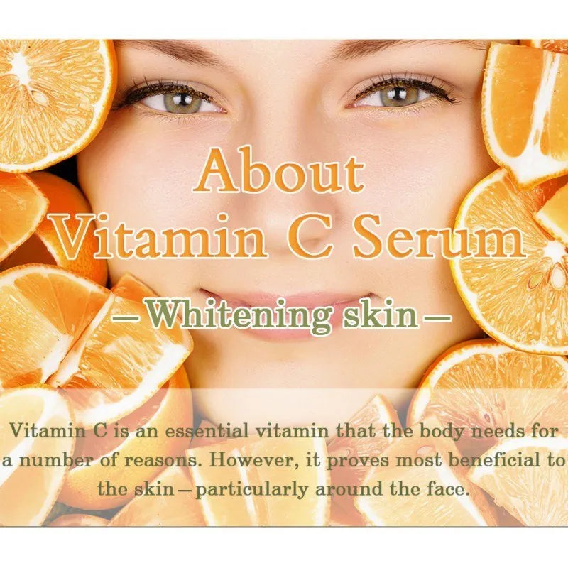 Bottle of Vitamin C and Hyaluronic Acid facial serum for anti-aging and skin brightening.