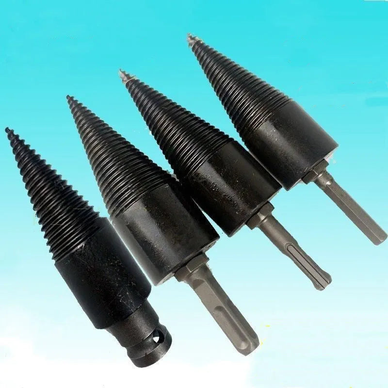 Hexagon wood splitting drill bit for electric hand drills with cone-shaped firewood-breaking tip
