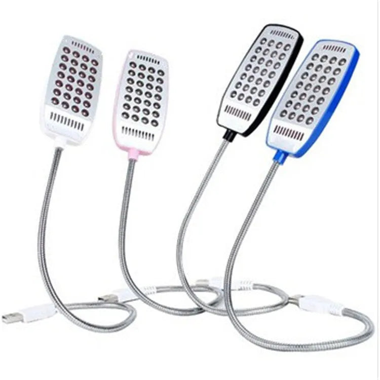 Flexible gooseneck USB LED desk lamp in black, white, blue, and pink colours