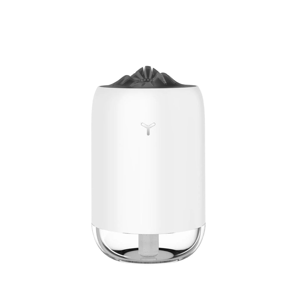 Mini columnar ultrasonic humidifier with magic flame light effect in white, blue, and pink colour options.
