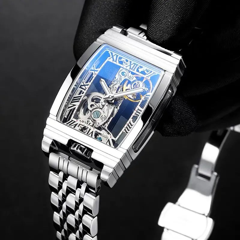 Daystar square mechanical watch with stainless steel case and choice of straps