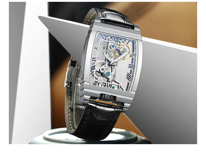 Daystar square mechanical watch with stainless steel case and choice of straps