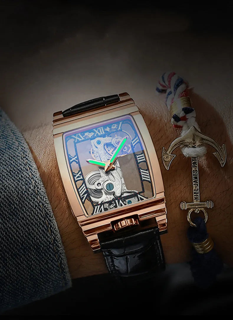 Daystar square mechanical watch with stainless steel case and choice of straps