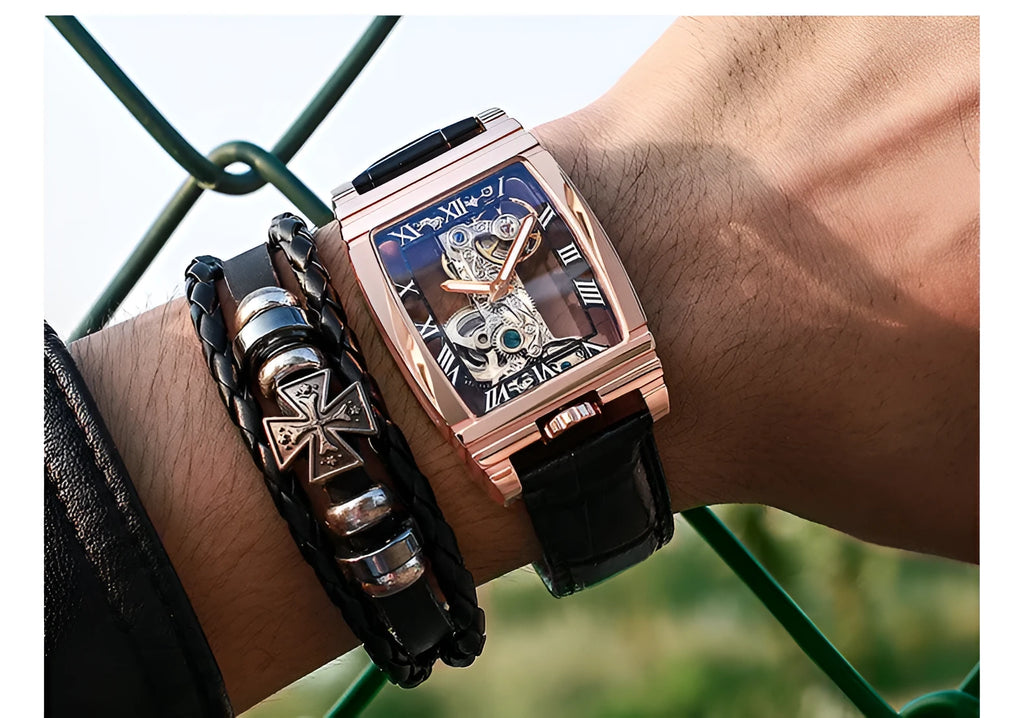 Daystar square mechanical watch with stainless steel case and choice of straps