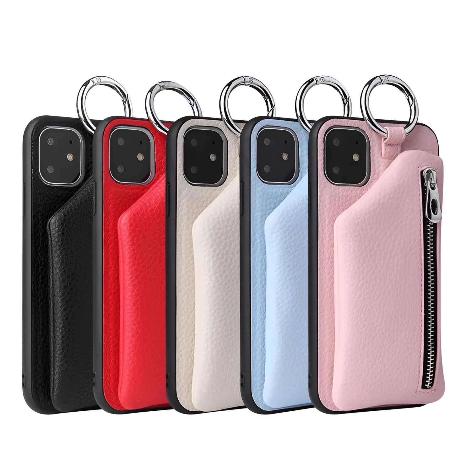 Pink imitation leather iPhone case with built-in wallet slot and a detachable crossbody neck lanyard.