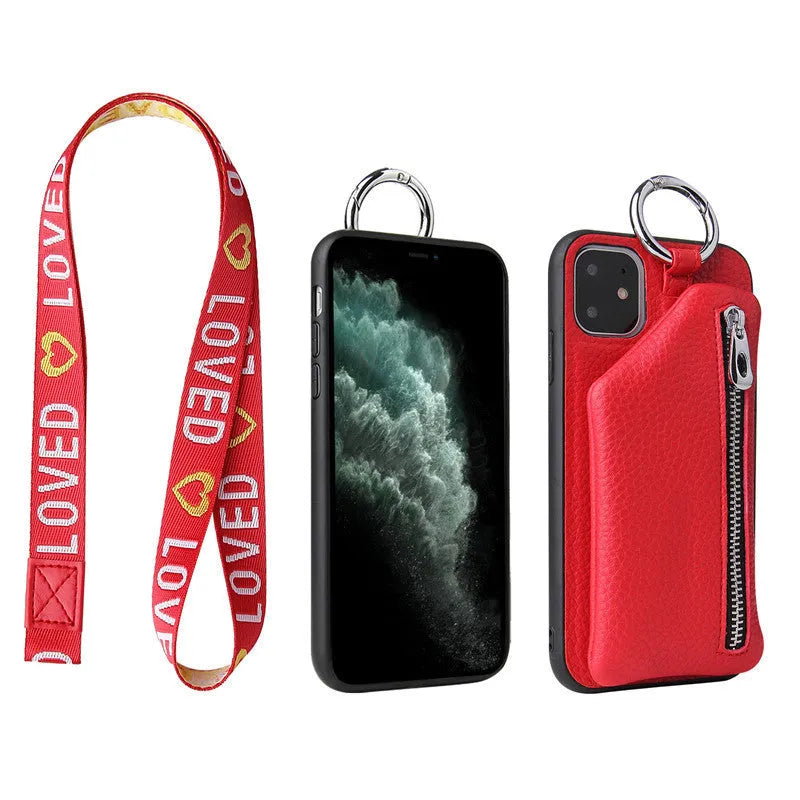 Pink imitation leather iPhone case with built-in wallet slot and a detachable crossbody neck lanyard.