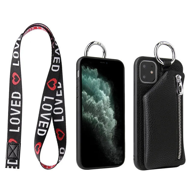Pink imitation leather iPhone case with built-in wallet slot and a detachable crossbody neck lanyard.