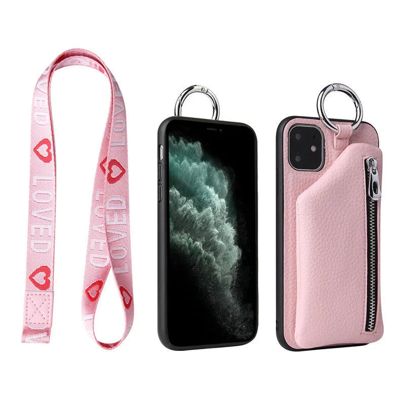 Pink imitation leather iPhone case with built-in wallet slot and a detachable crossbody neck lanyard.