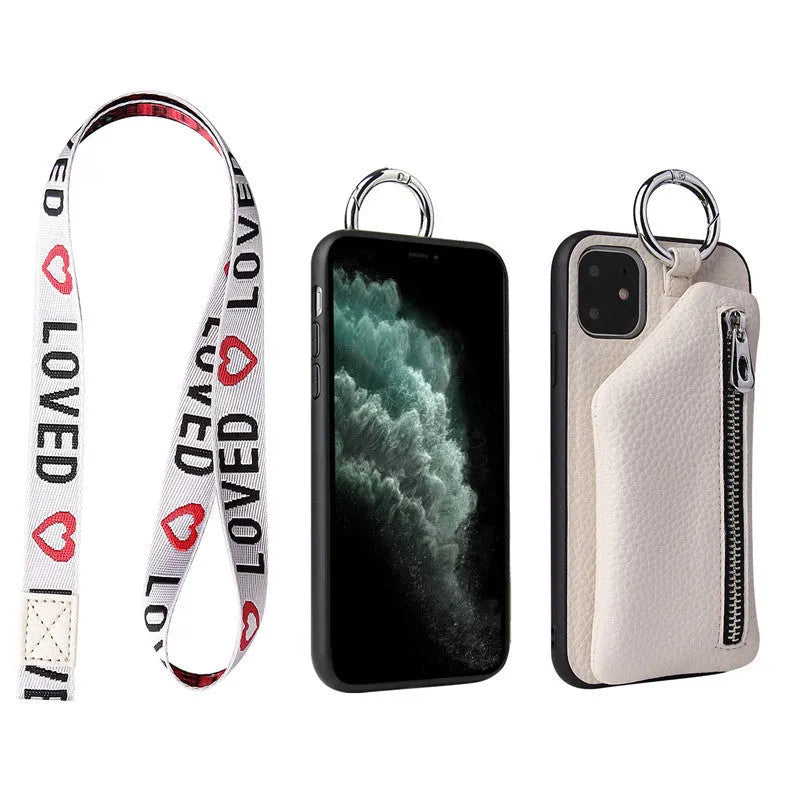 Pink imitation leather iPhone case with built-in wallet slot and a detachable crossbody neck lanyard.