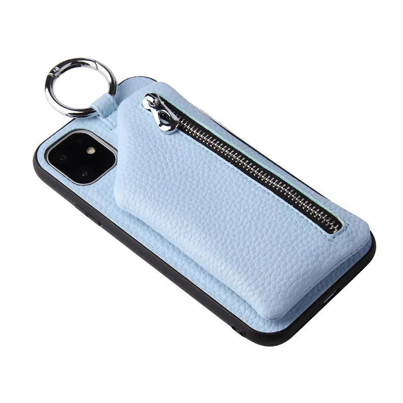 Pink imitation leather iPhone case with built-in wallet slot and a detachable crossbody neck lanyard.