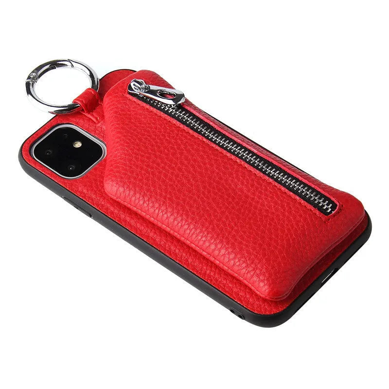 Pink imitation leather iPhone case with built-in wallet slot and a detachable crossbody neck lanyard.