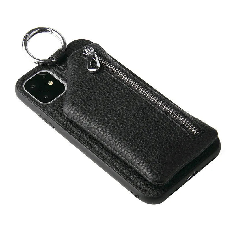 Pink imitation leather iPhone case with built-in wallet slot and a detachable crossbody neck lanyard.