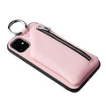 Pink imitation leather iPhone case with built-in wallet slot and a detachable crossbody neck lanyard.