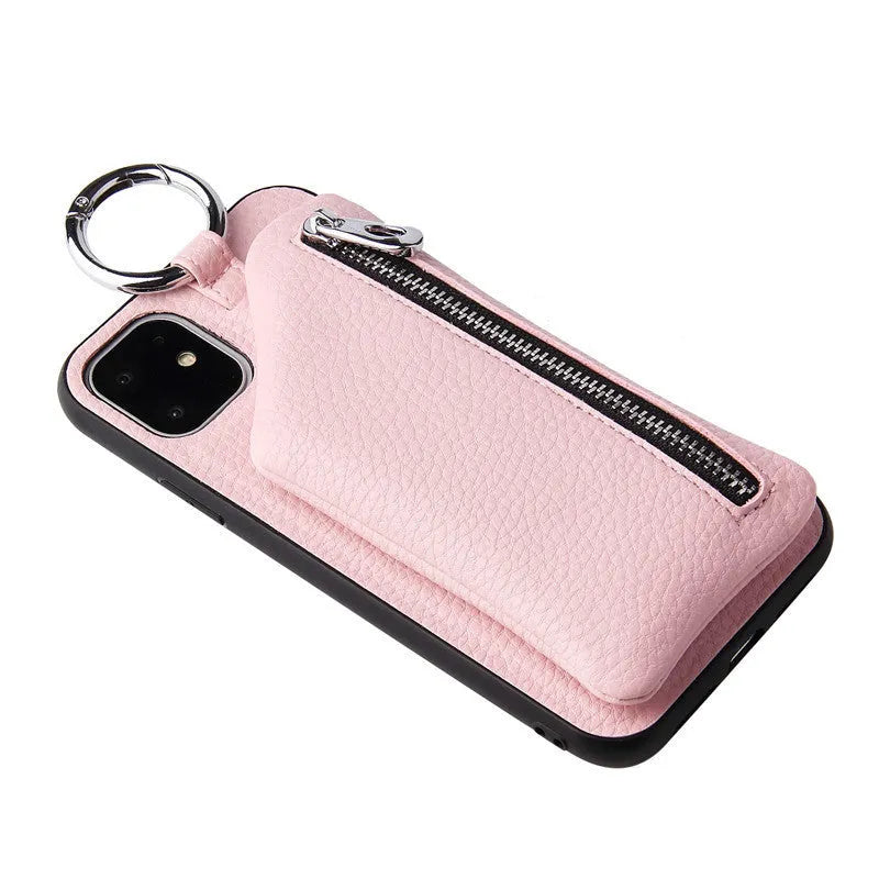Pink imitation leather iPhone case with built-in wallet slot and a detachable crossbody neck lanyard.