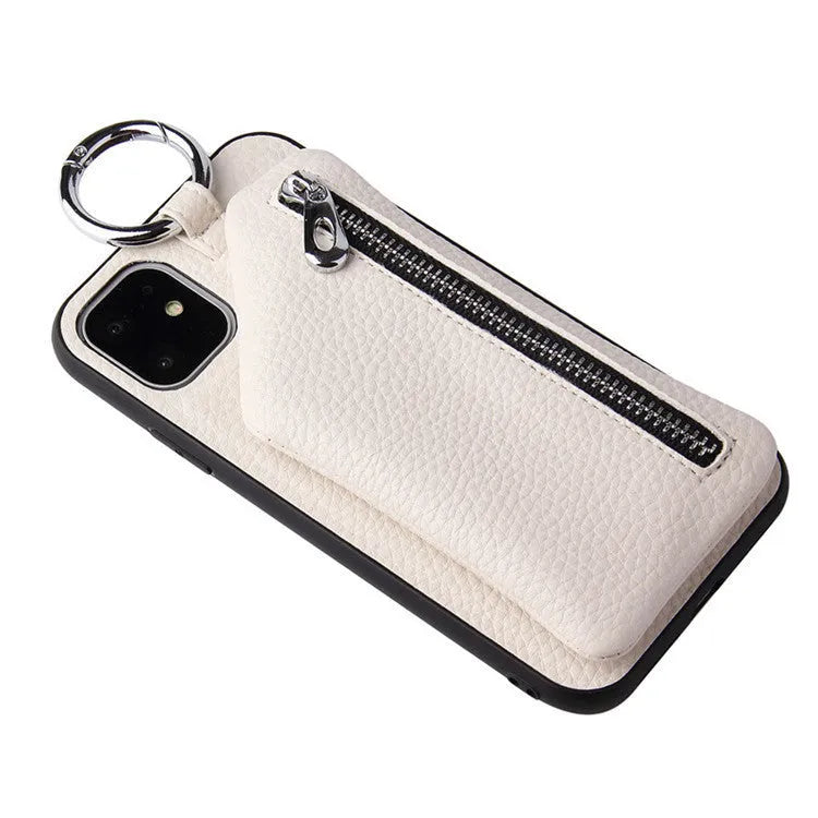 Pink imitation leather iPhone case with built-in wallet slot and a detachable crossbody neck lanyard.