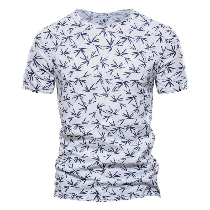 Men's casual slim-fit cotton t-shirt with dot print in white, short sleeves, straight cut