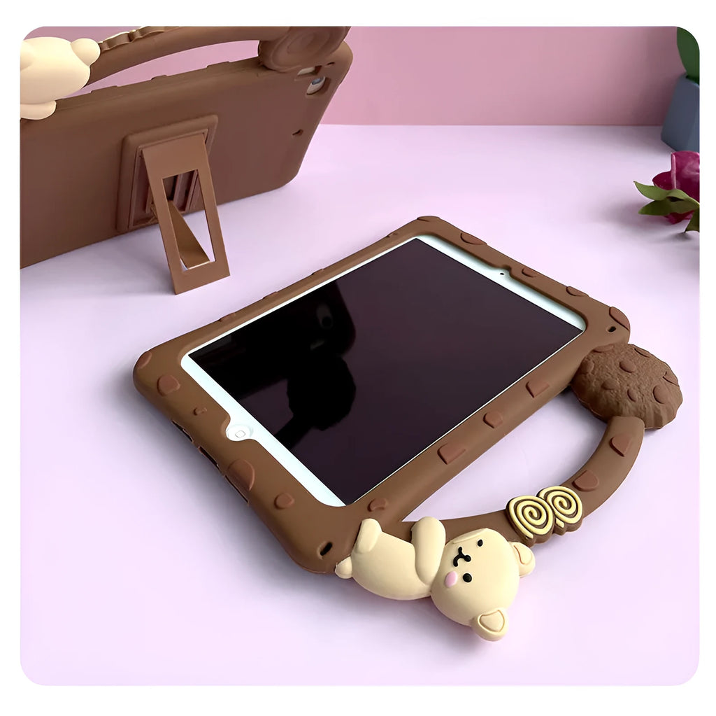 Brown cartoon design silicone sleeve case for iPad tablet on a white background.