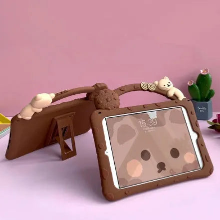 Brown cartoon design silicone sleeve case for iPad tablet on a white background.