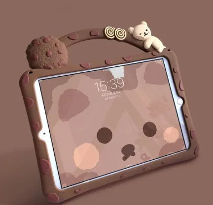 Brown cartoon design silicone sleeve case for iPad tablet on a white background.